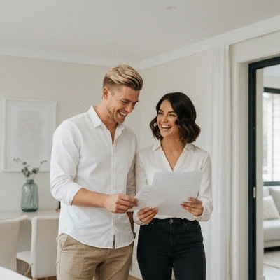 Happy couple reviewing financial documents at home, smiling and discussing their future plans. Cozy, modern home setting. no text, no words, no typography, no labels, clean image