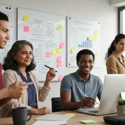 Diverse group of entrepreneurs collaborating and brainstorming in a modern, light-filled office space