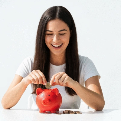 Person happily putting coins into a piggy bank, symbolizing effective saving habits and celebration of small financial victories, clean image