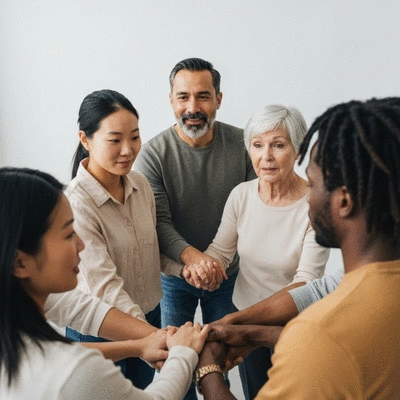 Diverse group of people in a supportive circle, holding hands, showing connection and empathy, no text, no words, no typography, clean image