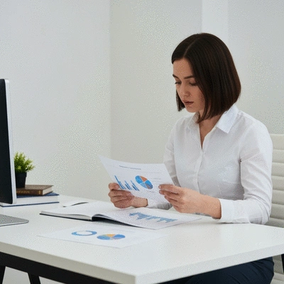 Person studying financial documents and charts, clean desk setup, representing financial education and growth, no text, no words, no typography, no labels, clean image