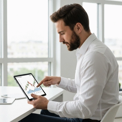Person looking at a financial graph on a tablet, symbolizing financial awareness and planning, clean image
