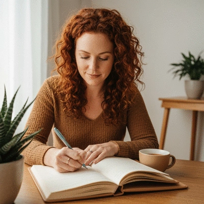 Woman journaling about gratitude, surrounded by peaceful elements, symbolizing daily practice