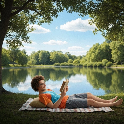 Person enjoying early retirement, reading a book by a lake, serene and calm atmosphere