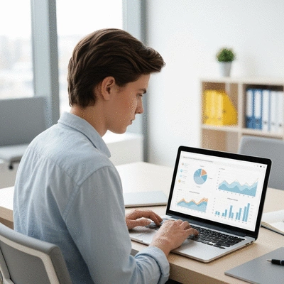 Person using a laptop to plan finances, with graphs and charts on screen, light and modern office environment, no text, no words, no typography, clean image