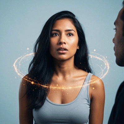 Person deeply engaged listening to a motivational speaker, with abstract light particles representing inspiration, no text, no words, no typography, clean image