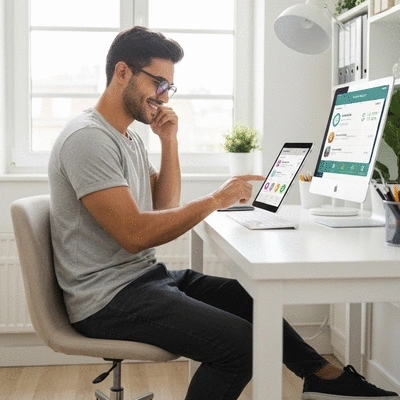 Person using a finance app on a tablet, showing budget tracking and savings goals