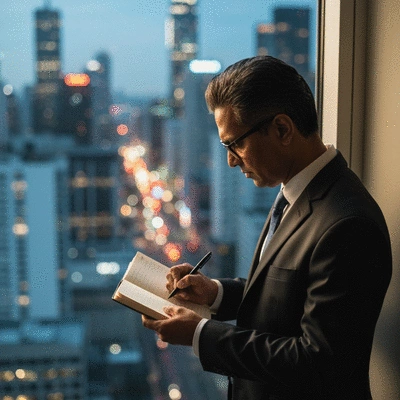 Person writing in a journal with a pen, surrounded by motivational elements, clean, inspired