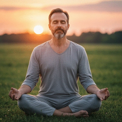 Person meditating at sunrise, peaceful, calm, focused