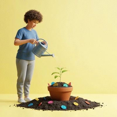 Person watering a small plant with coins in the soil, symbolizing financial growth and personal development, no text, no words, no typography