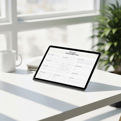 Digital template for personal development plan on a clean desk, no text, no words, no typography