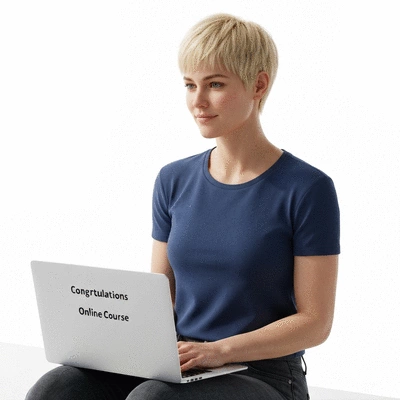 Person successfully completing an online course, with a laptop and a proud expression, no text, no words, no typography, clean image