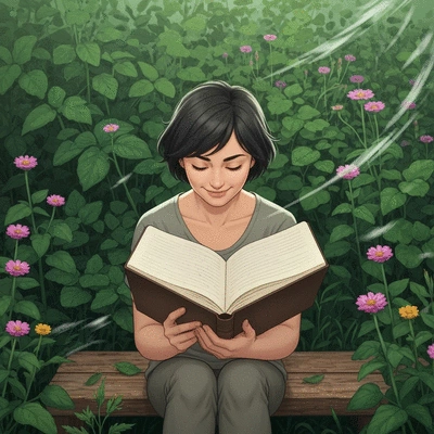 Person journaling or reflecting in a notebook, surrounded by natural elements, in a calm and peaceful setting