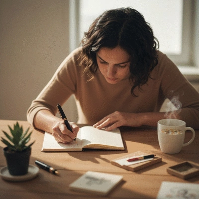 Person writing in a journal with a pen, surrounded by elements symbolizing self-reflection and personal growth