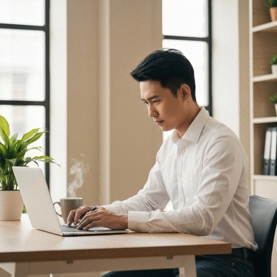 Person using a laptop to manage finances and investments in a bright, modern home office setting