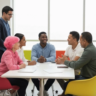 Diverse group of people collaborating and sharing ideas around a table, representing community and contribution, bright and modern setting, no text, no words, no typography, clean image