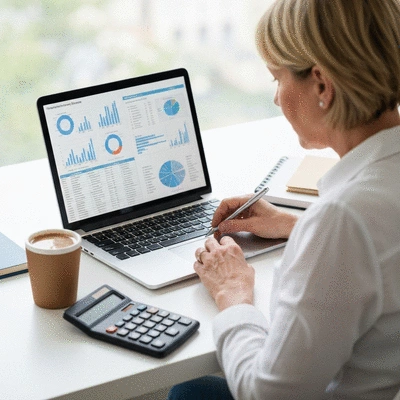 Person reviewing financial documents on a laptop, with a calculator and coffee on the desk, representing financial planning and debt management
