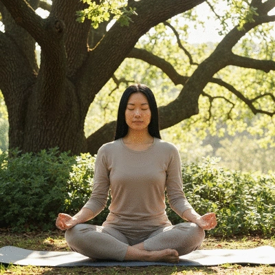 Person meditating in a serene environment, symbolizing emotional well-being and mental clarity, no text, no words, no typography, no labels, clean image
