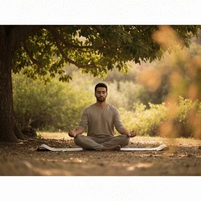 Person meditating in a calm, natural setting