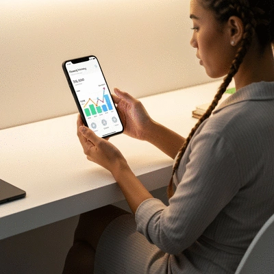 Person using a financial planning app on a smartphone, showing savings and investment growth