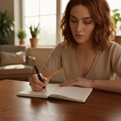 Person writing in a gratitude journal with a pen on a wooden table, surrounded by warm light.