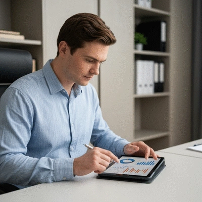 Person analyzing financial graphs and charts on a tablet, with a focused expression, in a modern home office setting, representing financial education and investment, no text, no words, no typography, 8K, clean image