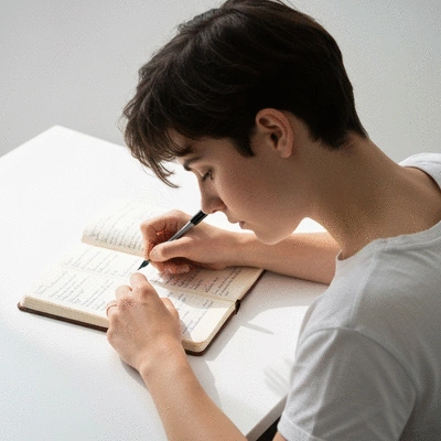 Person writing in a journal, planning personal development goals, clean background, natural lighting