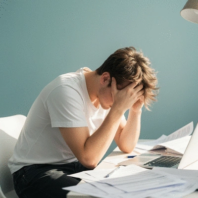 Person feeling overwhelmed by many tasks, representing the emotional impact of procrastination, no text, no words, no typography, clean image