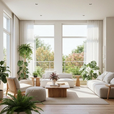 Modern living room with abundant natural light and comfortable, sustainable furniture