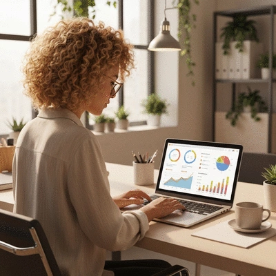 Person using a laptop to manage finances, with charts and graphs on screen, representing passive income generation