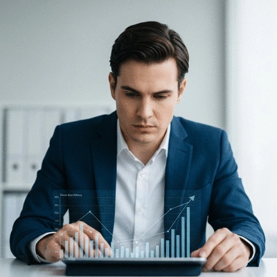 Person looking at a financial chart on a tablet, showing growth and positive trends, with a focused expression. Clean, modern office background. no text, no words, no typography, no labels, clean image