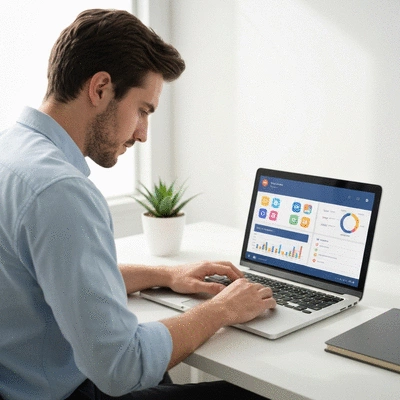 Person managing finances on a laptop with various financial app icons, clean image, no text, no words, no typography