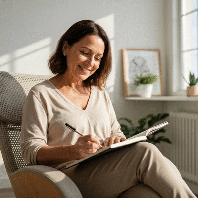 Person writing goals in a journal, with a sense of purpose and achievement, bright and clean environment, no text, no words, no typography, 8K