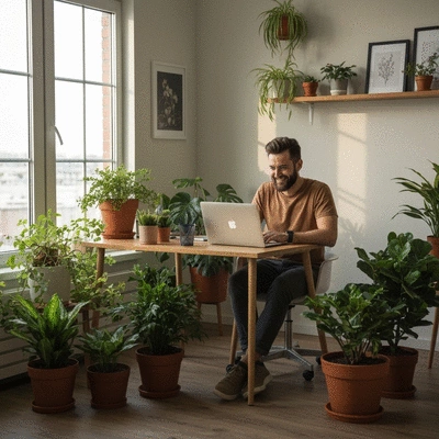 Person happily working on a laptop from their comfortable home office, surrounded by plants, natural light, and a personal touch, no text, no words, no typography, 8K, clean image