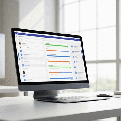 Clean, modern task manager dashboard on a computer screen, showing various tasks and progress bars