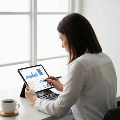 Person reviewing financial documents on a tablet, with a calculator and coffee on the side