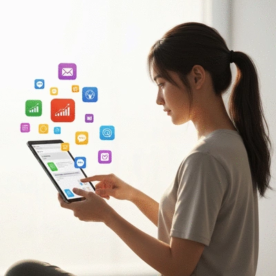 Person using a tablet to learn online, with various digital app icons floating around, clean image, no text, no words, no typography