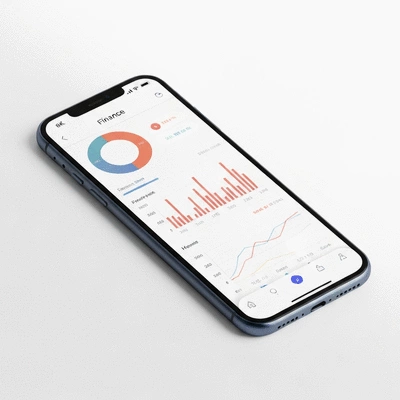Modern finance app dashboard with charts and graphs on a smartphone