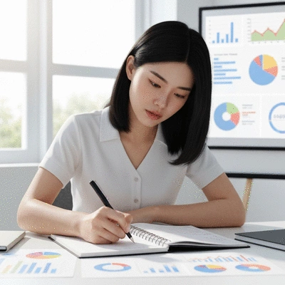 Person writing in a financial planner with a pen, surrounded by charts and graphs, representing setting financial goals and budgeting