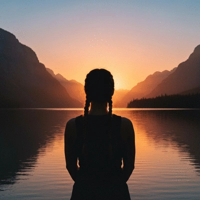 Person silhouetted against a sunset, reflecting peacefully in nature, symbolizing personal growth through gratitude.