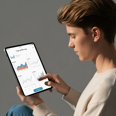 Person using a financial planning app on a tablet, showing graphs and budget categories, clean modern design, no text, no words, no typography, no labels, clean image