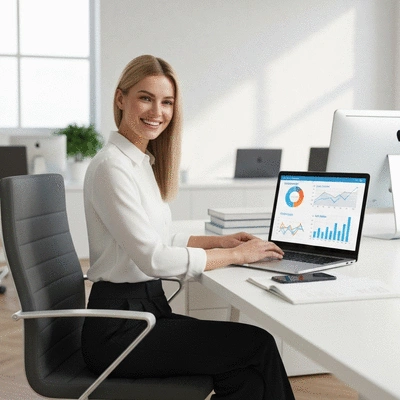 Person using a laptop to manage finances, with charts and graphs on the screen