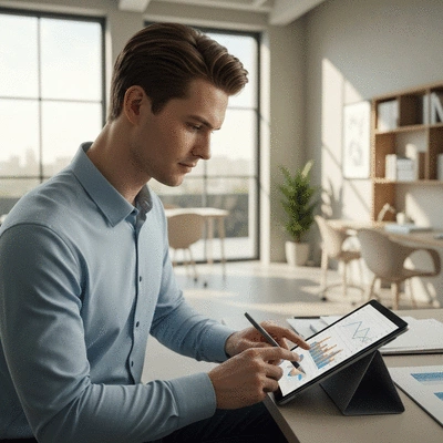 Person analyzing financial graphs on a tablet in a modern office setting, representing financial education and growth