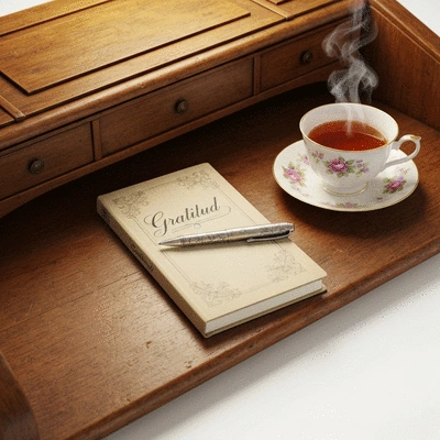 Journal with 'Gratitud' written on it and a pen, representing gratitude practices