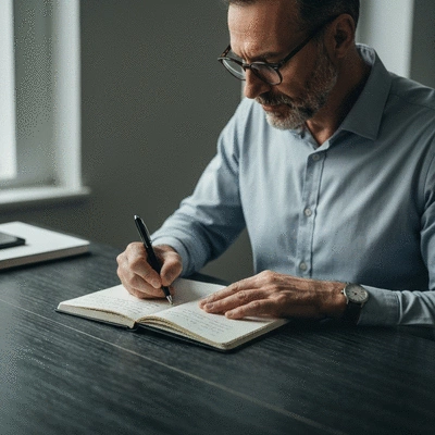 Person writing positive affirmations in a journal, clear desk, natural light, focus on well-being and growth