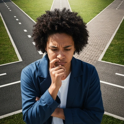 Person contemplating choices at a crossroads, symbolizing self-sabotage