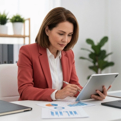 Person studying financial charts and graphs on a tablet, representing continuous financial education and growth