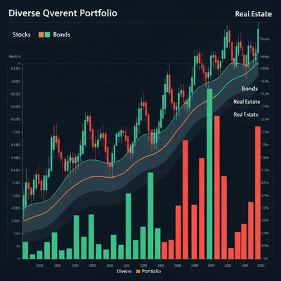 Diverse investment portfolio chart, showing stocks, bonds, and real estate, clean and modern graphic
