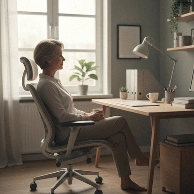 Person relaxing in a calm, organized home office environment with soft lighting, symbolizing work-life balance