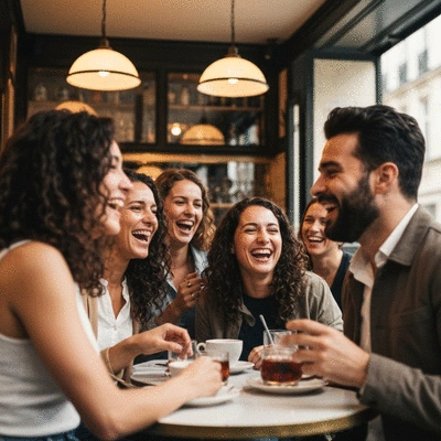 Diverse group of friends laughing together in a cafe, showing joy and strong social bonds, no text, no words, no typography, clean image